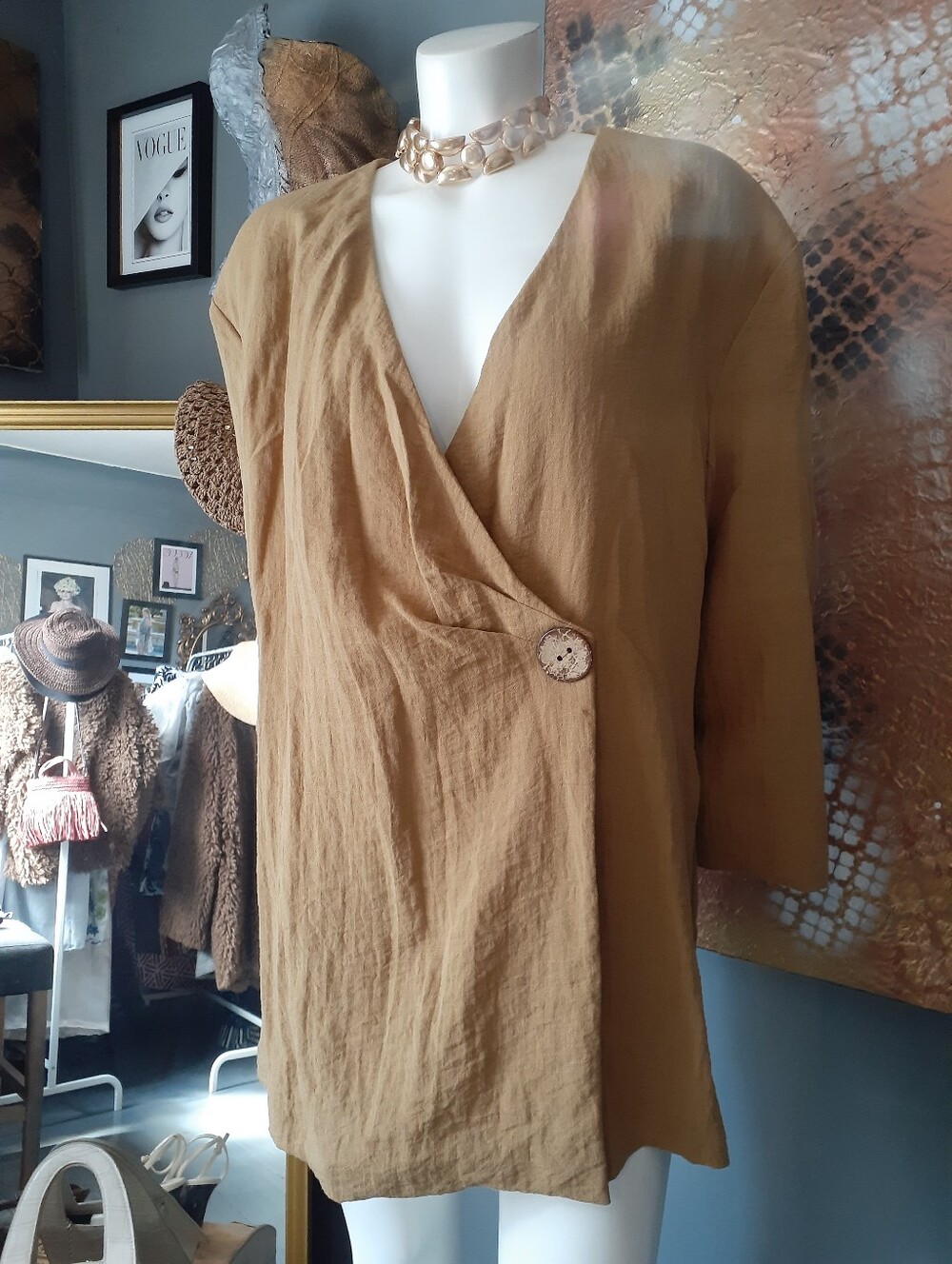 Women’s Wrap-Front Long Sleeve Jacket in Tan
